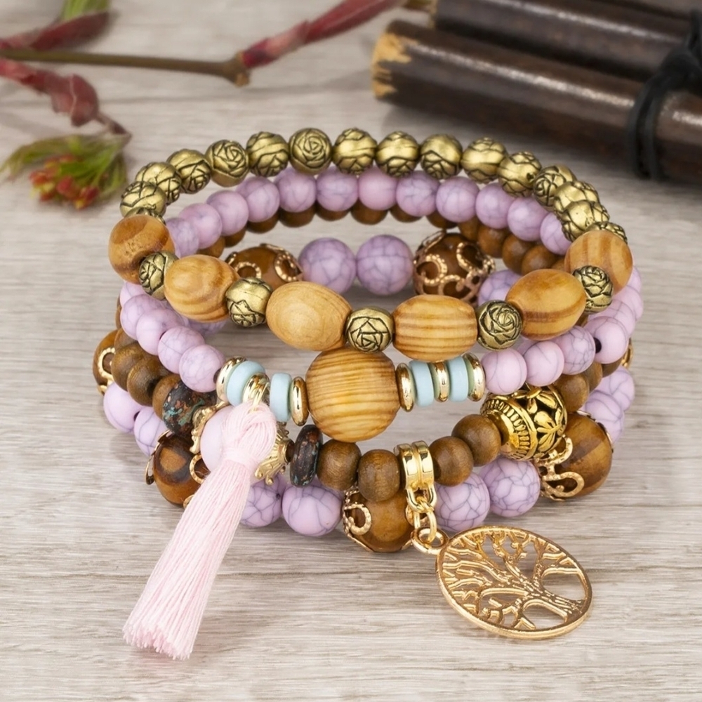 Tree Of Life Beaded Layered Bracelet Set